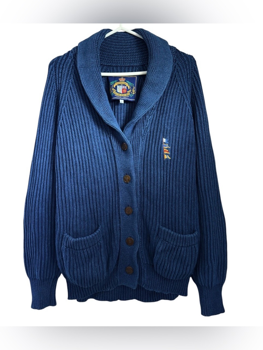 Vintage Pusser’s Crest Shawl Collar Blue Knit Cardigan Sweater